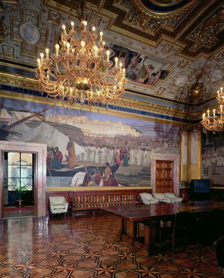 The 'Sala Maccari' (Maccari Room) richly decorated with gilt stucco and scenes from Roman history, d from Cesare Maccari