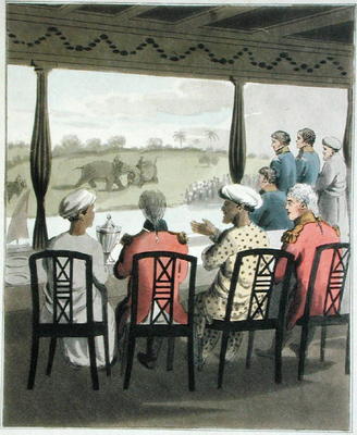 Marquis Wellesley and his Suite, at the Nabob of Oude's Breakfast Table, viewing an elephant fight, from Charles D'Oyly