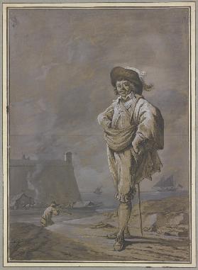 Ein Kavalier mit Hut, Mantel und Degen steht am Ufer des Meeres