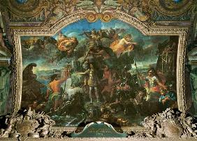 King Louis XIV (1638-1715) taking up Arms on Land and on Sea in 1672, Ceiling Painting from the Gale