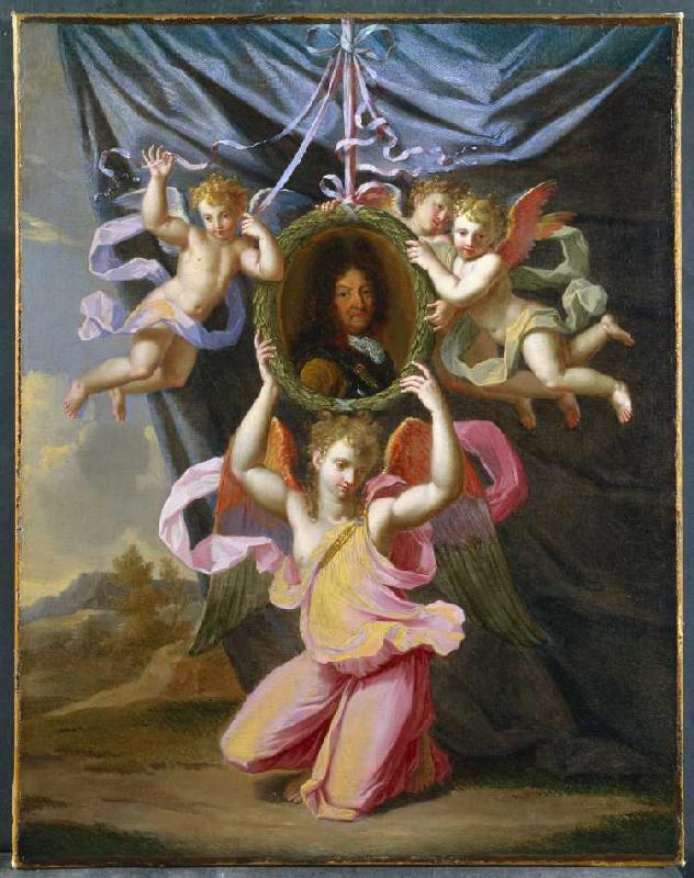 Bildnis Ludwig XIV., von Engeln vor einem Vorhang gehalten. from Charles Le Brun (Nachfolger)