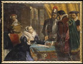 The forced abdication of the queen Maria of Scotland in the castle Lochleven on July 25th, 1567