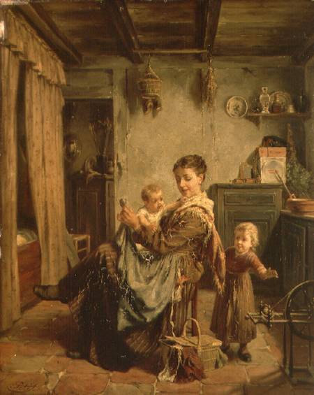 Cache-Cache, an interior with mother and child from Charles Petit
