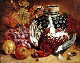 Still Life of Grapes, Apples, Dead Grouse and a Blue Jug