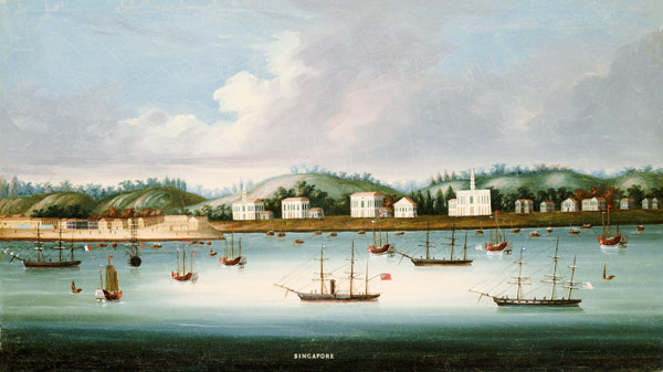A view of Singapore from the roads with American, French and British shipping, c.1850 from Chinese School
