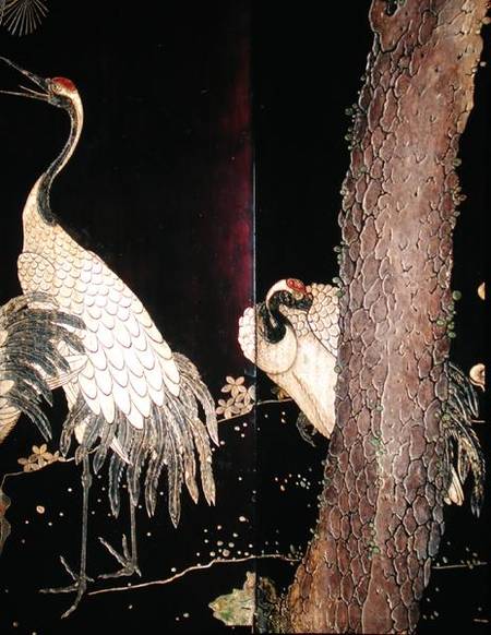 Detail of two cranes from a Coromandel screen from Chinese School