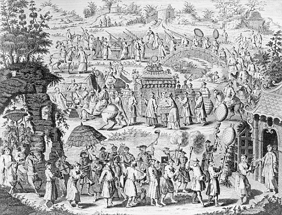 Procession of a bride going home to her husband; engraved by N. Parr (b/w photo);  from Chinese School