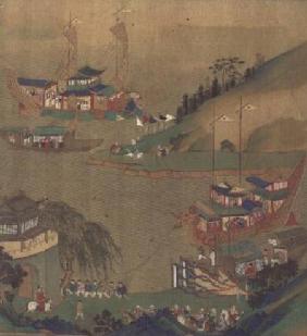 The Second Sui Emperor, Yangdi (569-618) with his fleet of sailing craft, from a history of Chinese