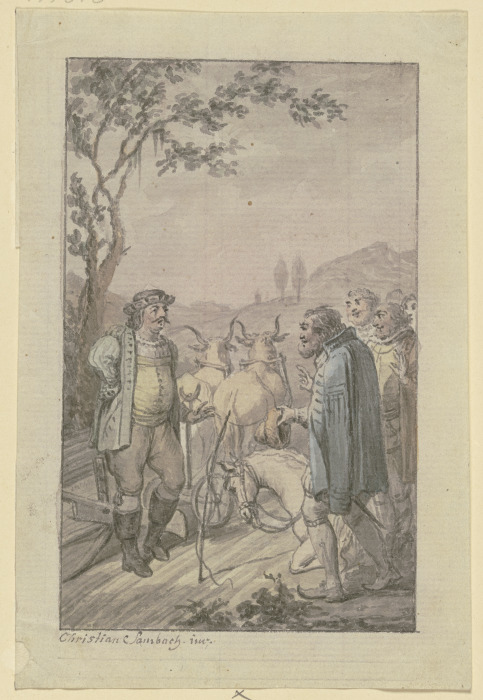 Einem pflügenden Mann mit einem Ochsengespann nähert sich eine Gruppe von barhäuptigen Männern, bei  from Christian Sambach