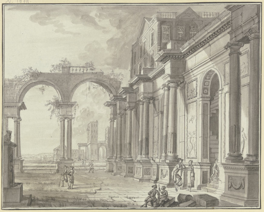 Antiker Palast, links durch zwei Bögen Ausblick auf Architektur in der Ferne, im Vordergrund drei Gr from Christian Stocklin