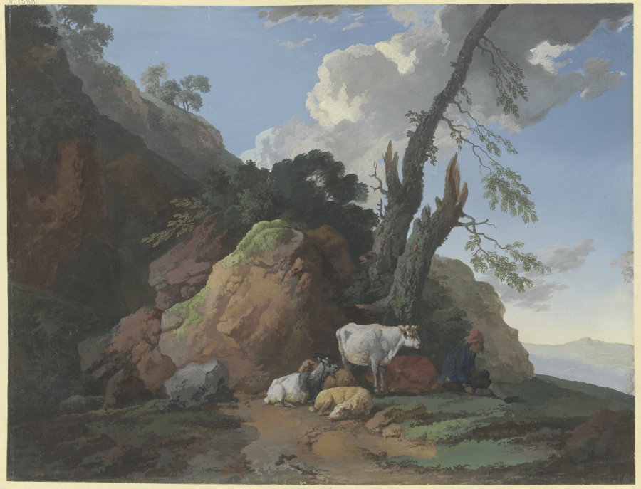 Felsige Gegend mit einem Hirten, zwei Kühen, zwei Schafen und einer Ziege from Christian Wilhelm Ernst Dietrich