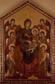 Madonna sitting enthroned, surround of six angels
