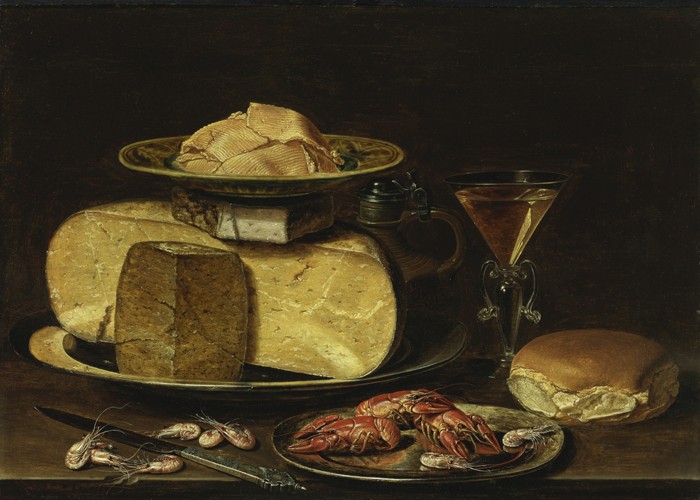 Still Life with Cheeses, Glas à la façon de Venise and crayfish on a pewter plate from Clara Peeters
