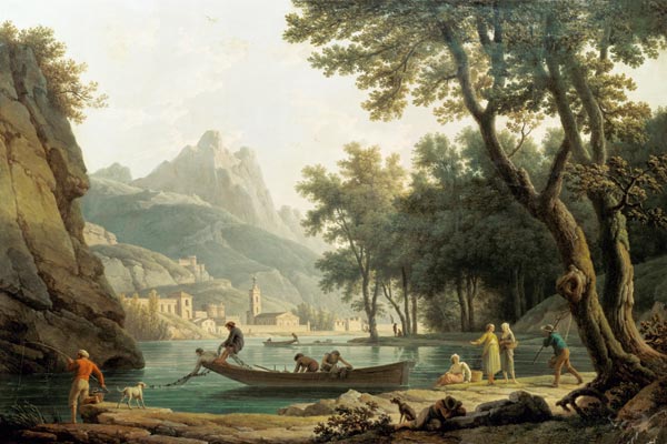 Fisherman at the lakeside in front of a cloister from Claude Joseph Vernet