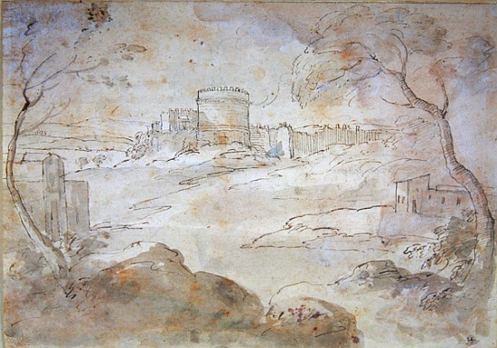 Landscape with a fortified town (ink & wash on paper) from Claude Lorrain