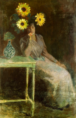 Sedentary woman next to a vase with sunflowers from Claude Monet