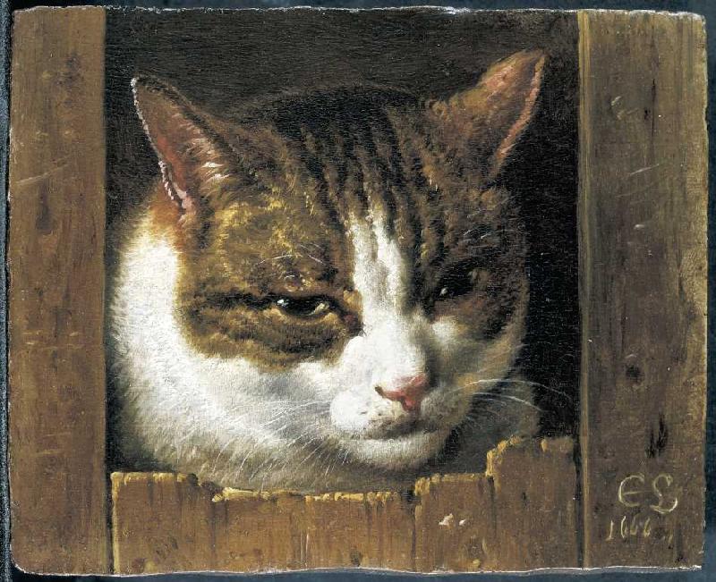 Eine Katze guckt durch einen Zaun from Cornelis Saftleven