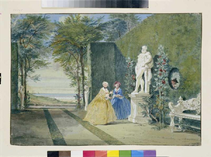 Parkansicht mit zwei jungen Damen neben einer Herkulesstatue. from Cornelis Troost