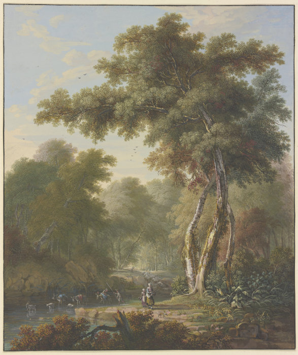 Waldlandschaft, Esel und Ziegen gehen durch ein Wasser from Cornelis Troost