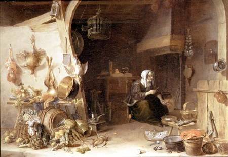 A Kitchen Interior with a Servant Girl Surrounded by Utensils, Vegetables and a Lobster on a Plate from Cornelis van Lelienbergh
