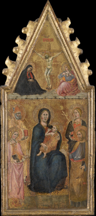 Enthroned Madonna with Child and four saints, above the Crucifixion with Mary and John Ev. from Cristoforo di Bindoccio