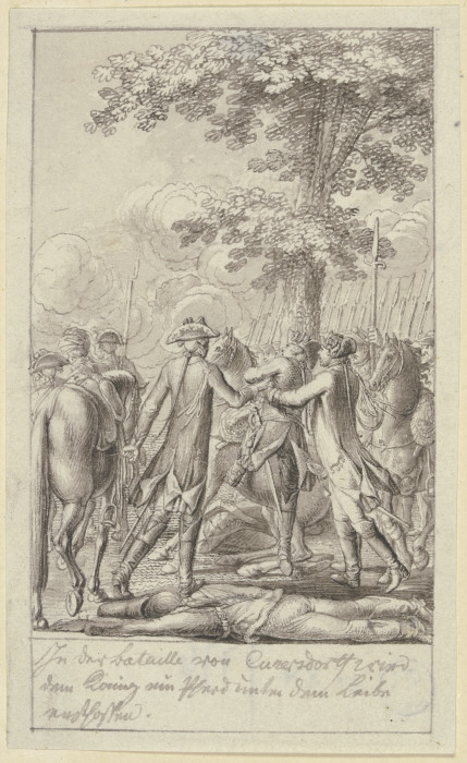 Zwei Soldaten helfen Friedrich dem Großen von einem zusammensinkenden Pferd from Daniel Chodowiecki