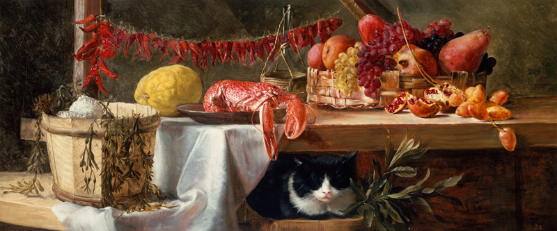 Stillleben mit Peperoni, Früchten, einem Hummer und einer Katze from Daniel Hock