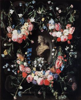 Garland of flowers surrounding a marble bust of Archduke Leopold Guglielmo