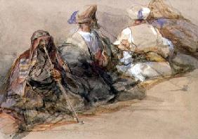Group of Arab figures, two smoking a cubuk
