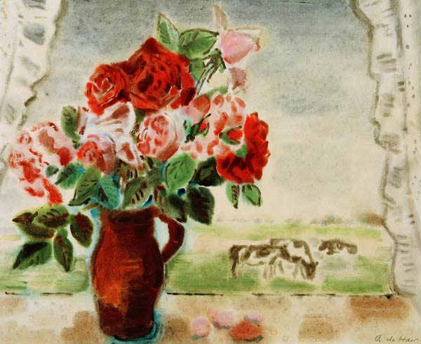Adolf de Haer, Braune Vase mit Rosen from de Haer Adolf