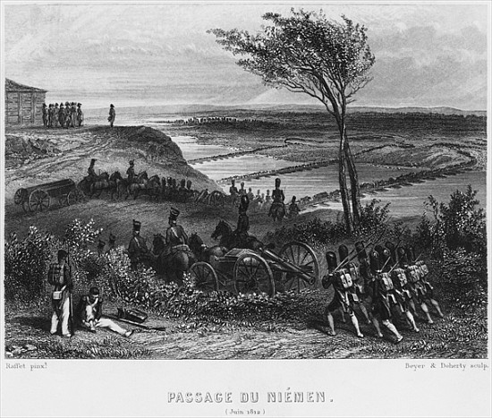 Crossing the River Niemen in June 1812; engraved by Beyer and Doherty from Denis-Auguste-Marie Raffet