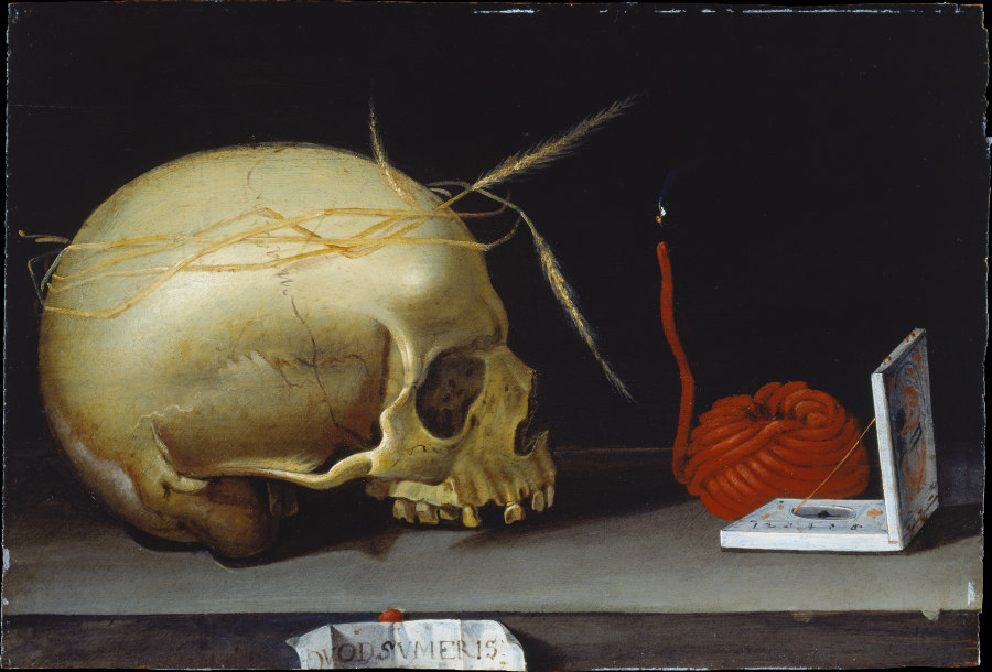 Vanitas Still Life with Skull, Wax Taper and Portable Sundial from Deutscher Meister um 1620