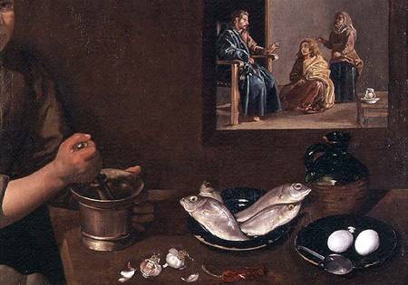 Kitchen Scene with Christ in the House of Martha and Mary (detail of Food on the Table with Christ, from Diego Rodriguez de Silva y Velázquez