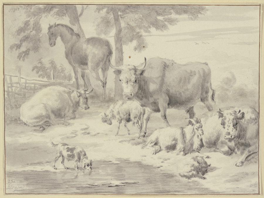 Kühe, Schafe, eine Ziege, ein Pferd und ein Hund bei einem Wasser from Dirck van Bergen