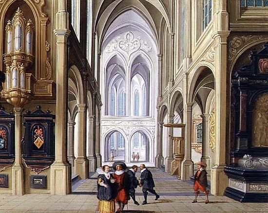 Elegant Figures in a Gothic Church, 17th century 99;interior; ecclesiatical; architecture; architect from Dirck van Deelen