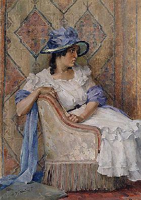 Lady in white dress and blue hat