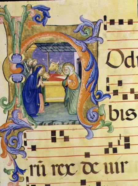 Ms 571 f.6r Historiated initial 'H' depicting the Nativity from an antiphon illuminated by Don Simon from Don Simone Camaldolese