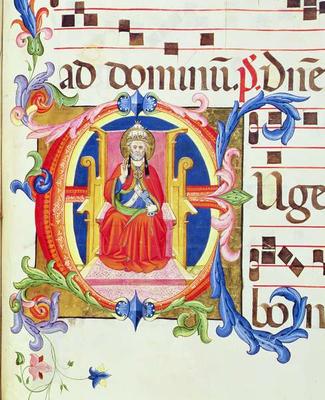 Ms 572 f.125r Historiated initial 'E' depicting St. Peter as the first bishop of Rome from an antiph from Don Simone Camaldolese