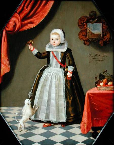Portrait of a Young Girl with a Bird on her Finger and a Dog at her Feet from Dutch School