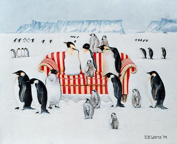 Penguins on a red and white sofa, 1994 (acrylic) 