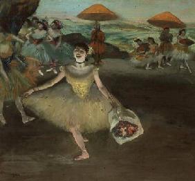 Dancer with bouquet, curtseying