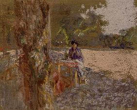 Woman, sitting in a garden.