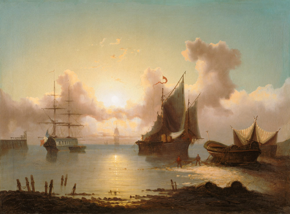 Sailing ships with sunset and fisherman when retracting a net. from Eduard Agricola