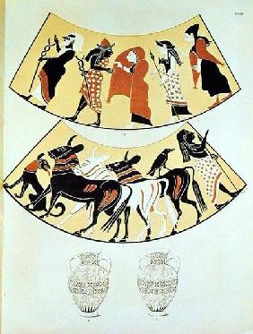 Designs from an Etruscan vase depicting a procession of priests and marking out a new city's limits