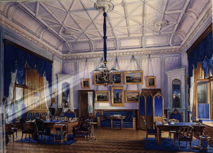 The blue Study room of Emperor Alexander II in the Farm Palace in Peterhof from Eduard Hau