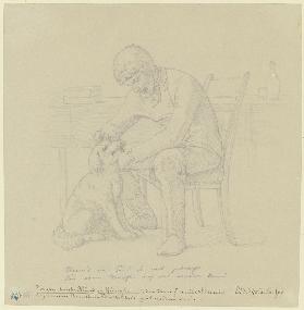 Der sprechende Hund zu Rüdesheim, ein Mann mit dem Hund an einem Tisch sitzend