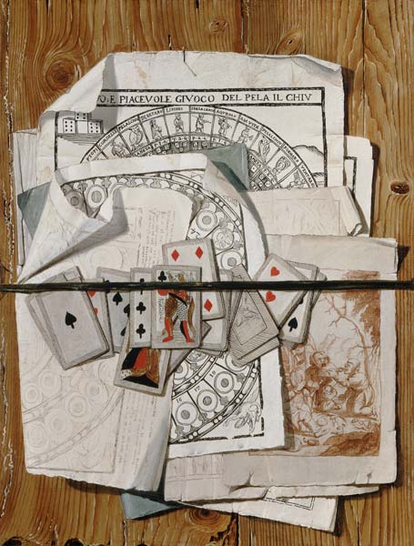 Trompe l ' oeil with different prints and playing cards from Egidio Maria Bondoni