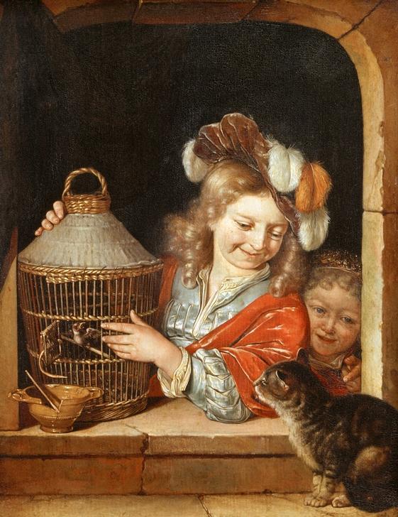 Children with Birdcage and Cat from Eglon Hendrik van der Neer