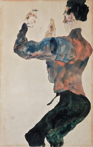 Self-portrait with raised arms, back view from Egon Schiele