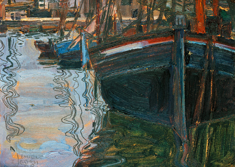 Boats, themselves in the water reflecting from Egon Schiele